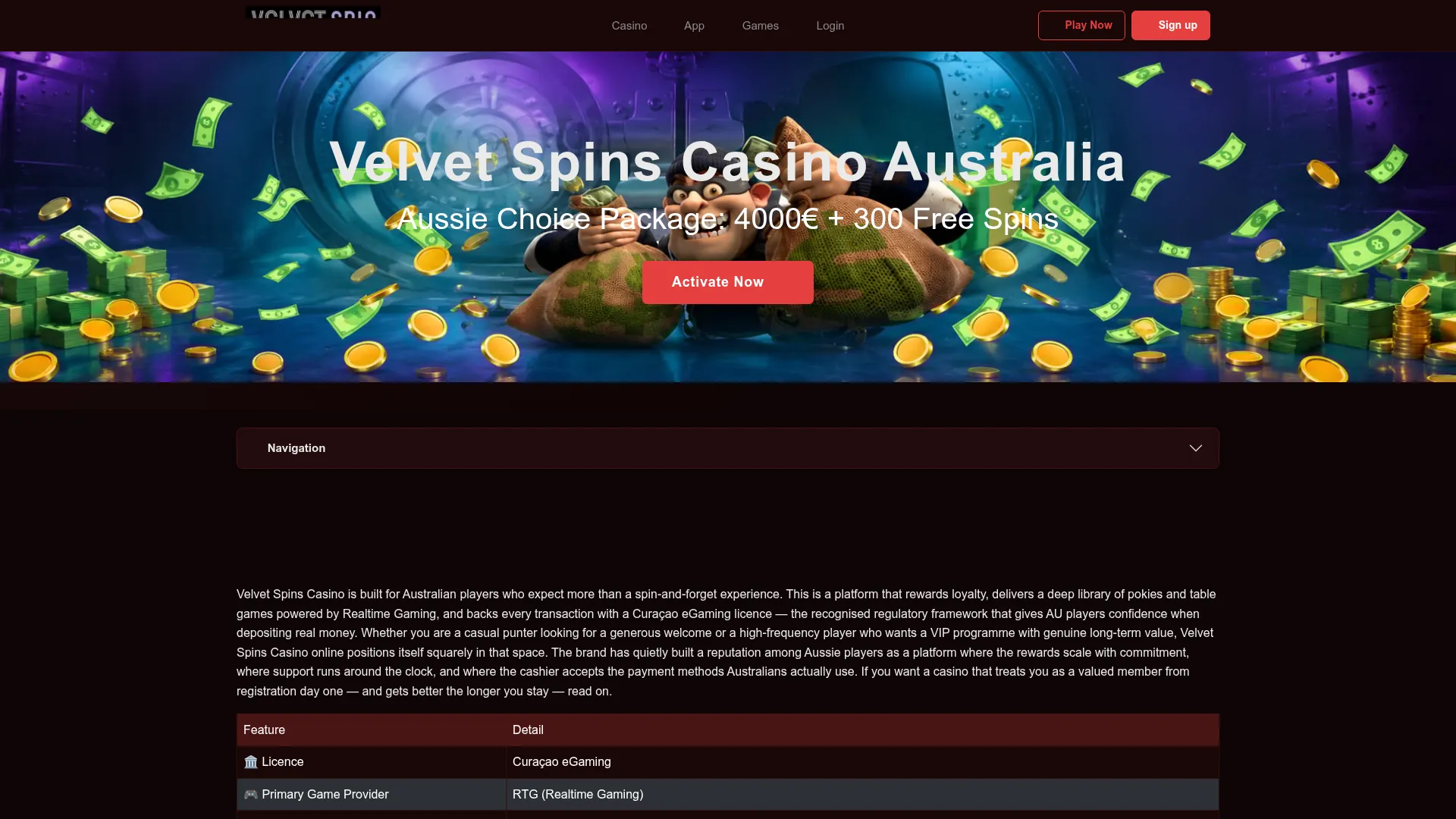 Velvet Spins Casino desktop browser experience with account, security and casino features